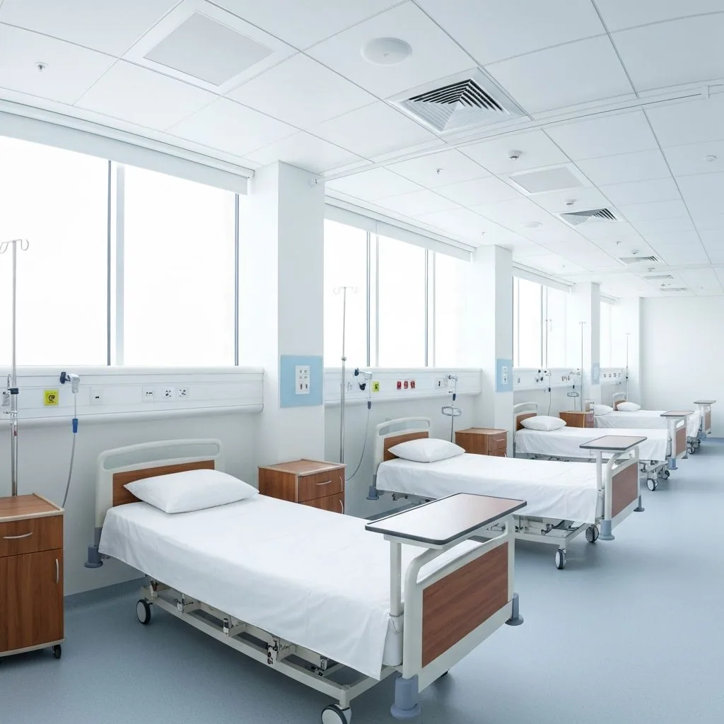 Hospital ward with electric beds, bedside cabinets and overbed tables
